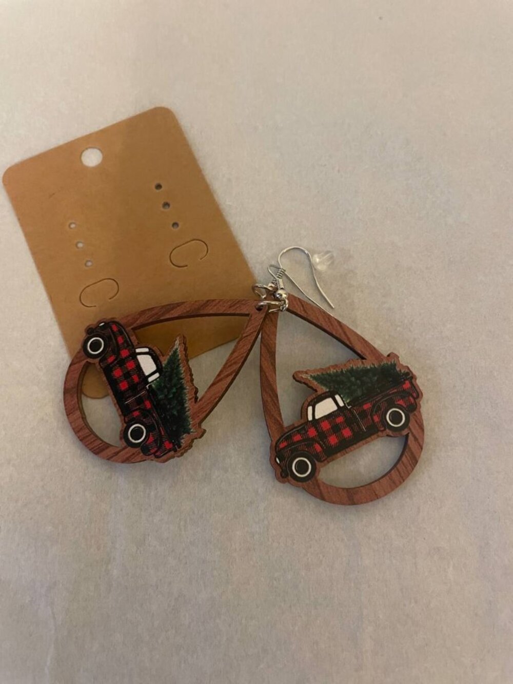 New Festive Christmas Truck tree Plaid Wood Dangle Earrings - Cozy Holiday - Picture 3 of 3